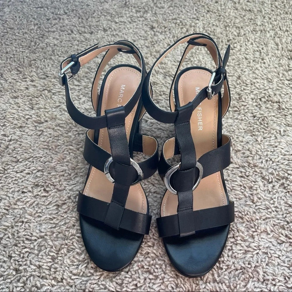 Marc Fisher Black Block Heel Silver Sandals Open Toe Ankle Strap - Picture 1 of 8